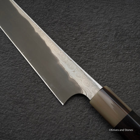 二唐刃物鍛造所 暗門 黒染め 青二鋼 ダマスカス 切付柳刃 300mm