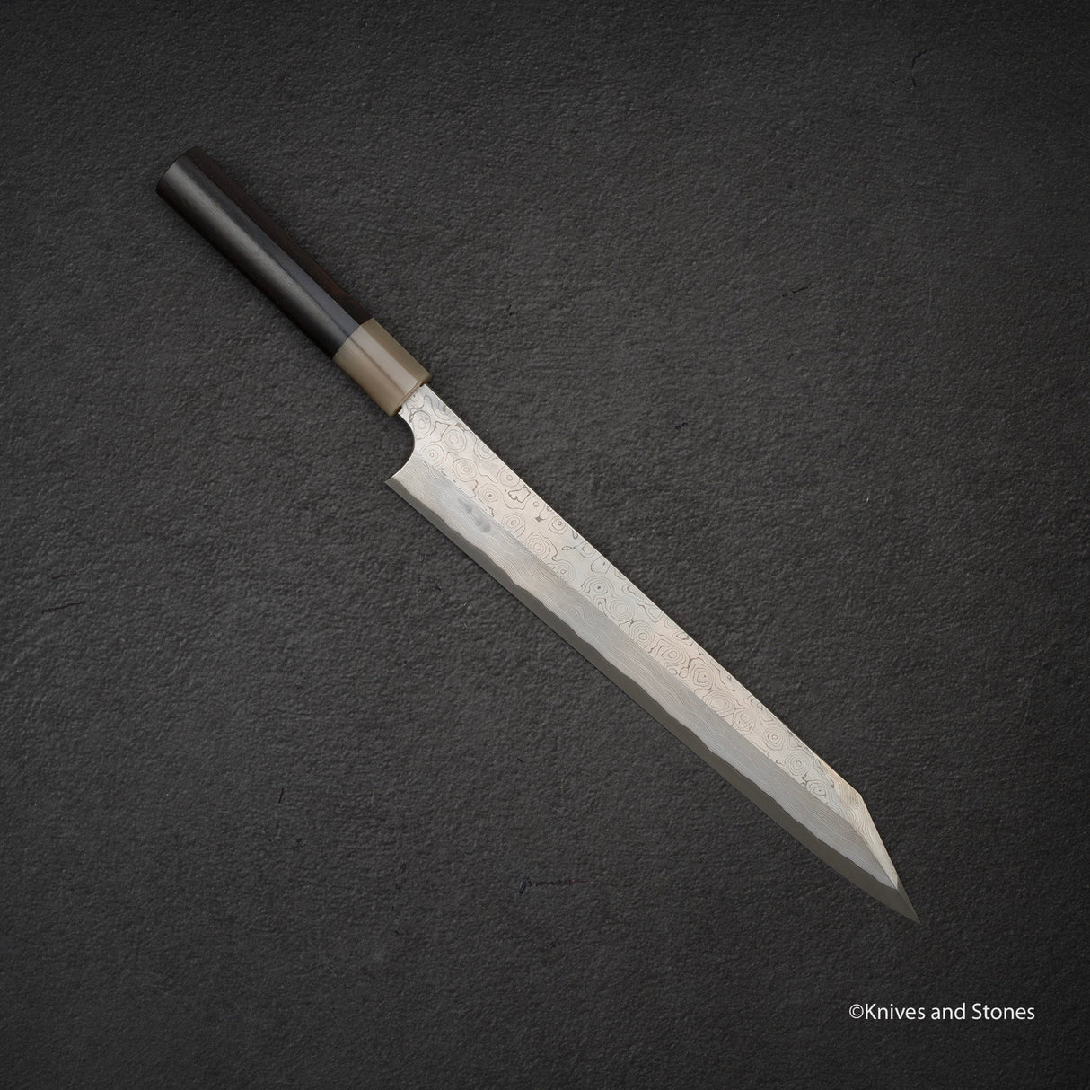 二唐刃物鍛造所 暗門 黒染め 青二鋼 ダマスカス 切付柳刃 300mm