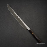 二唐刃物鍛造所 暗門 黒染め 青二鋼 ダマスカス 先丸蛸引き 300mm