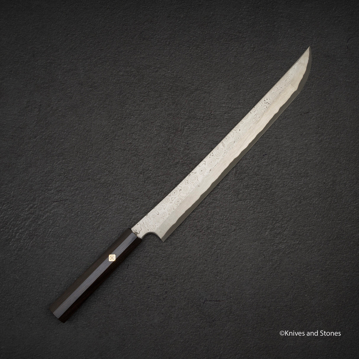 二唐刃物鍛造所 暗門 黒染め 青二鋼 ダマスカス 先丸蛸引き 330mm
