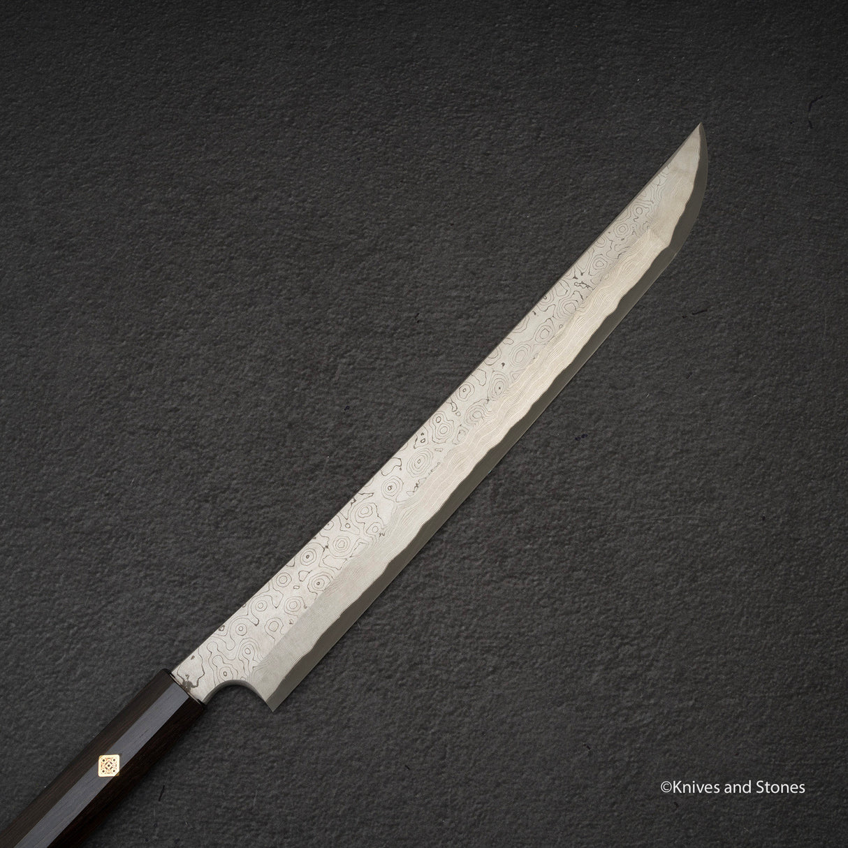 二唐刃物鍛造所 暗門 黒染め 青二鋼 ダマスカス 先丸蛸引き 330mm