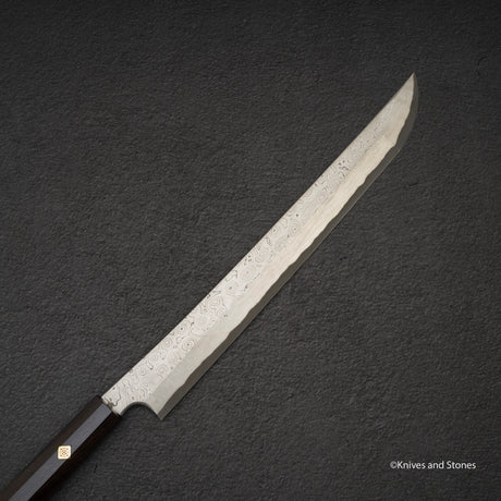 二唐刃物鍛造所 暗門 黒染め 青二鋼 ダマスカス 先丸蛸引き 330mm