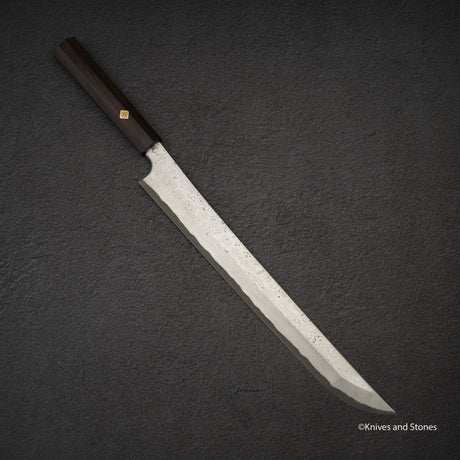 二唐刃物鍛造所 暗門 黒染め 青二鋼 ダマスカス 先丸蛸引き 330mm