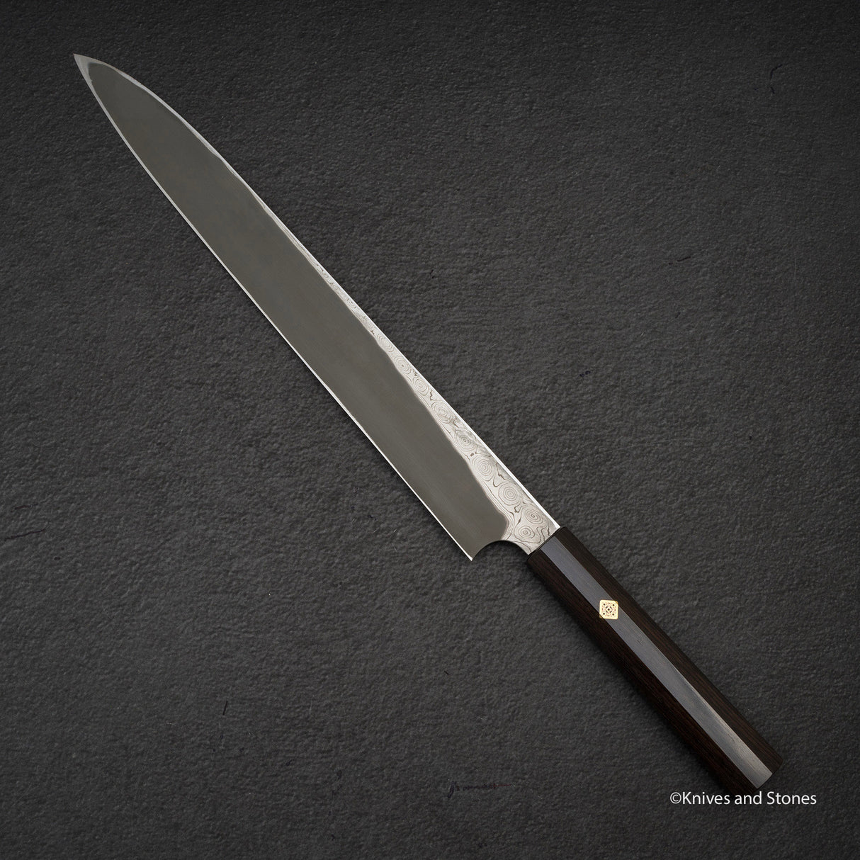 二唐刃物鍛造所 暗門 黒染め 青二鋼 ダマスカス 柳刃 330mm