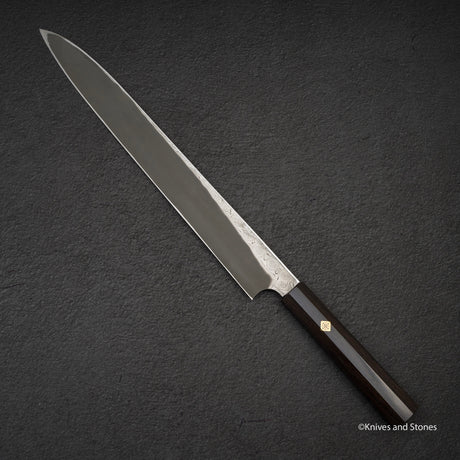 二唐刃物鍛造所 暗門 黒染め 青二鋼 ダマスカス 柳刃 330mm