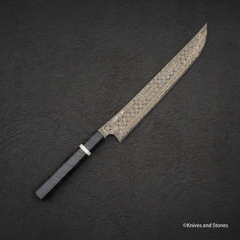 二唐刃物鍛造所 暗紋 SG2 レインドロップダマスカス 先丸筋引 270mm