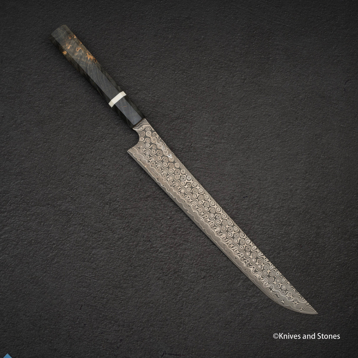 二唐刃物鍛造所 暗紋 SG2 レインドロップダマスカス 先丸筋引 300mm