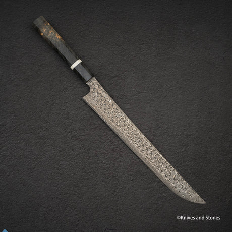 二唐刃物鍛造所 暗紋 SG2 レインドロップダマスカス 先丸筋引 300mm