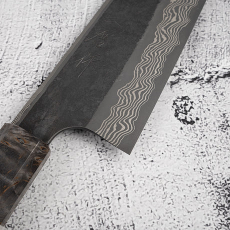 二唐刃物鍛造所 銀三鋼 黒染め ダマスカス 文化 180mm