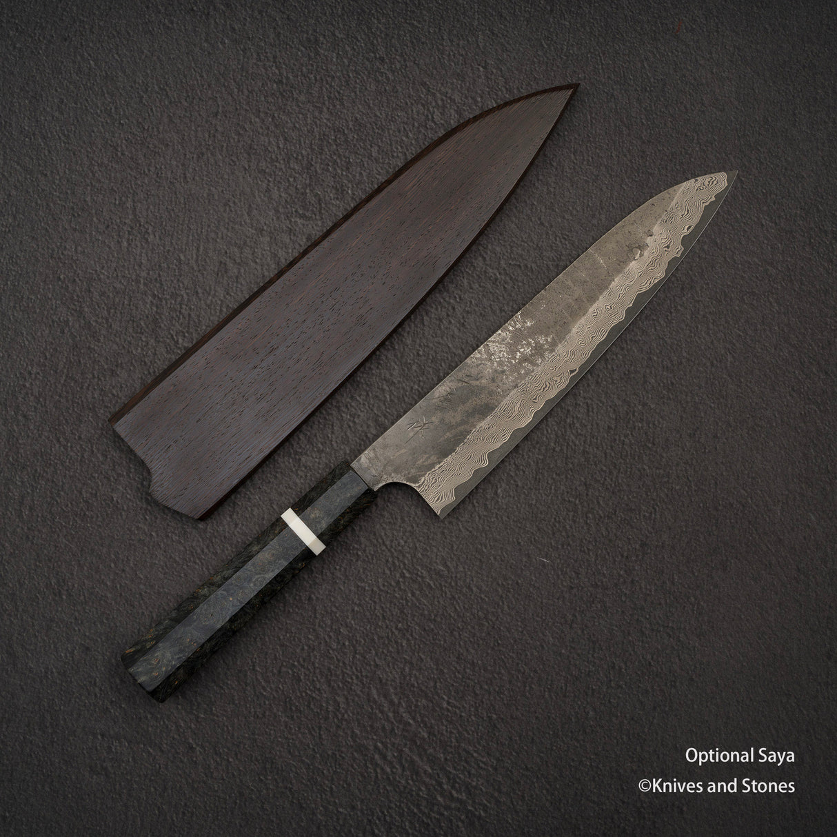 二唐刃物鍛造所 銀三鋼 黒染め ダマスカス 牛刀 240mm バーチハンドル