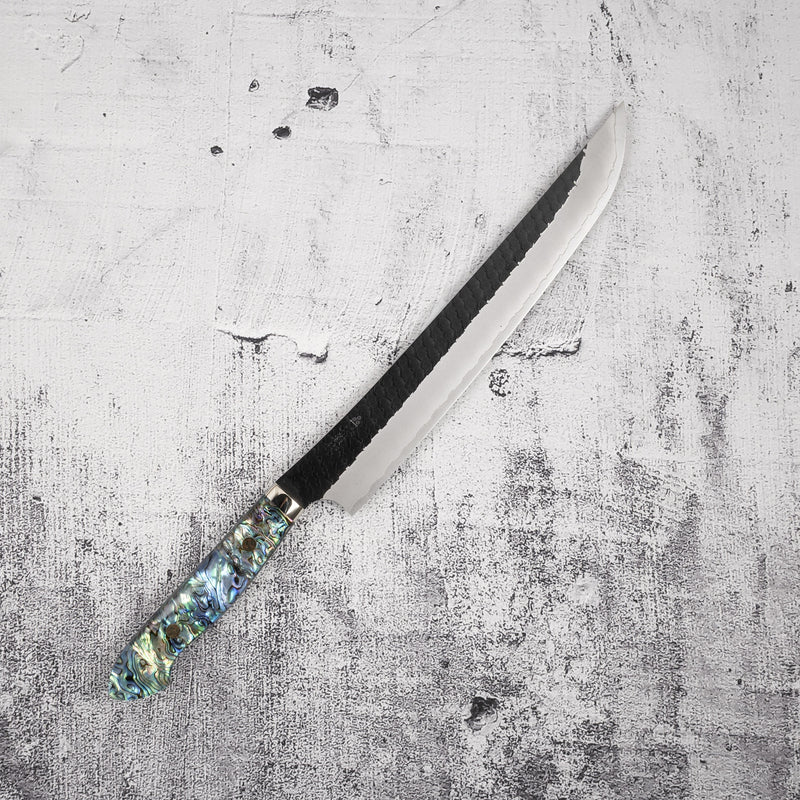 二唐刃物鍛造所 スーパーゴールド2 先丸筋引 270mm 黒打ち 槌目 白蝶貝ハンドル