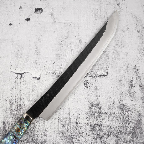 二唐刃物鍛造所 スーパーゴールド2 先丸筋引 270mm 黒打ち 槌目 白蝶貝ハンドル