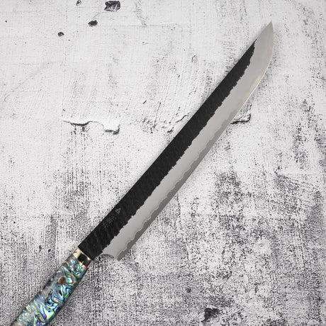 二唐刃物鍛造所 スーパーゴールド2 先丸筋引 300mm 黒打ち 槌目 白蝶貝ハンドル