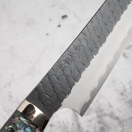 二唐刃物鍛造所 スーパーゴールド2 先丸筋引 300mm 黒打ち 槌目 白蝶貝ハンドル