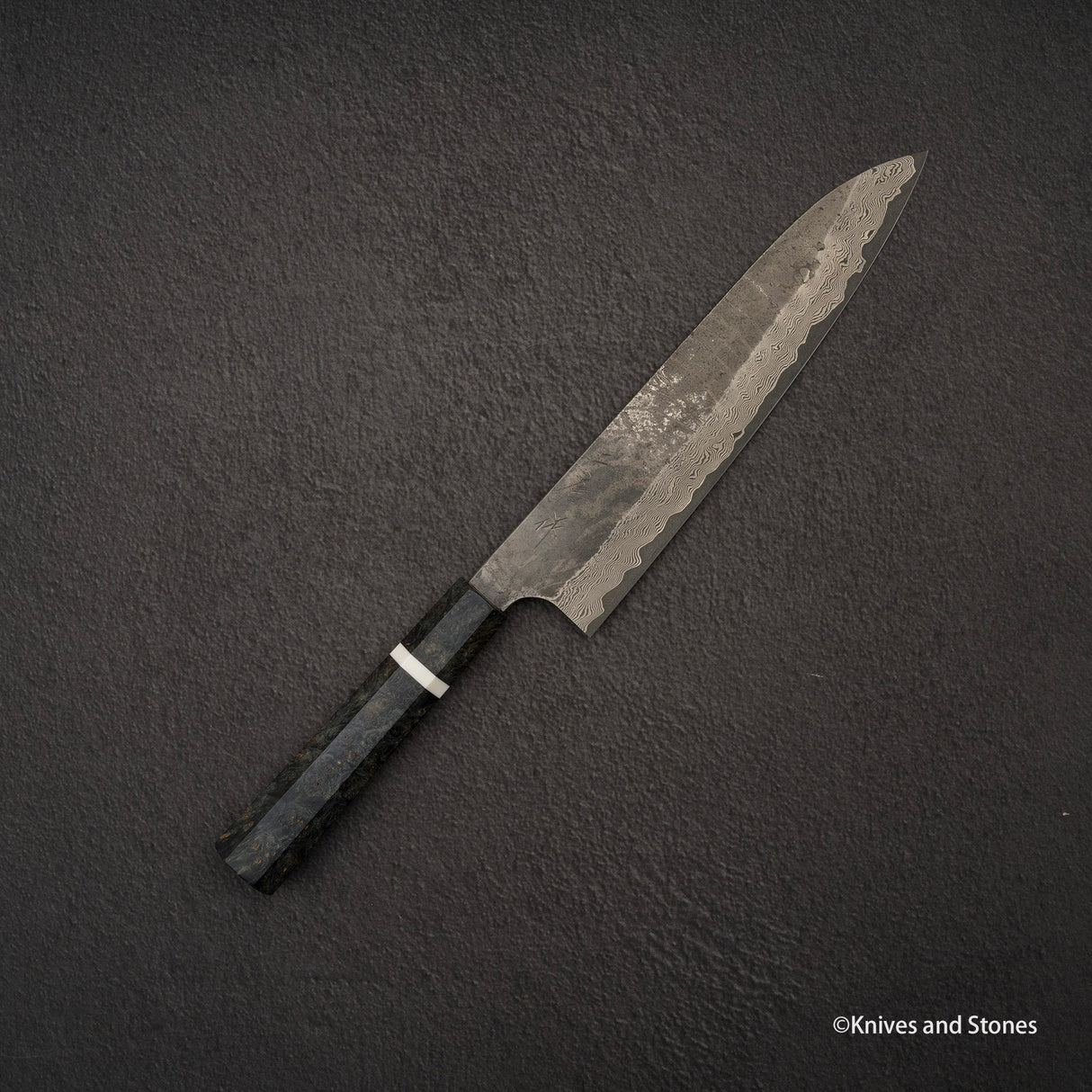 二唐刃物鍛造所 銀三鋼 黒染め ダマスカス 牛刀 240mm バーチハンドル