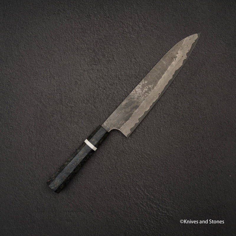 二唐刃物鍛造所 銀三鋼 黒染め ダマスカス 牛刀 240mm バーチハンドル
