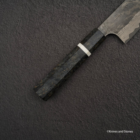 二唐刃物鍛造所 銀三鋼 黒染め ダマスカス 牛刀 240mm バーチハンドル