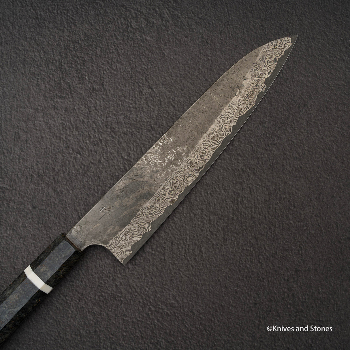 二唐刃物鍛造所 銀三鋼 黒染め ダマスカス 牛刀 240mm バーチハンドル