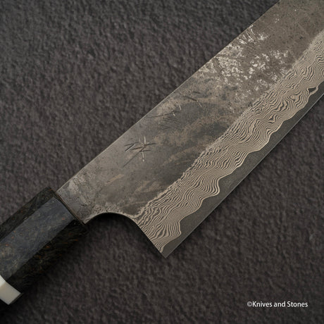 二唐刃物鍛造所 銀三鋼 黒染め ダマスカス 牛刀 240mm バーチハンドル