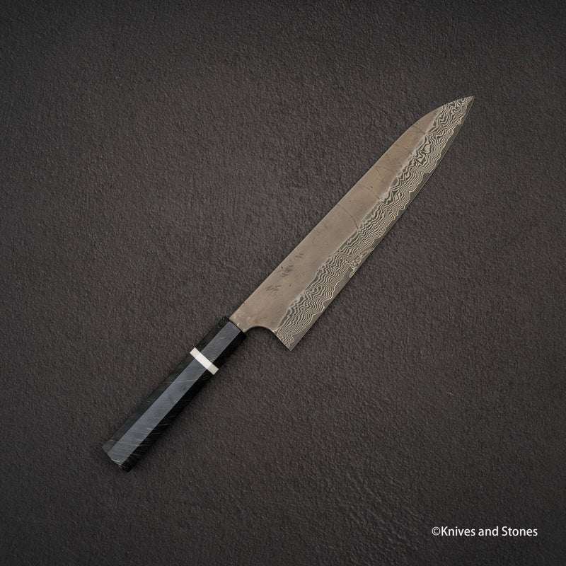 二唐刃物鍛造所 銀三鋼 黒染め ダマスカス 牛刀 270mm バーチハンドル