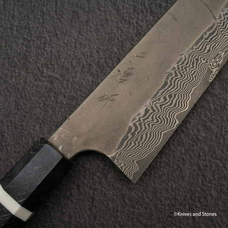 二唐刃物鍛造所 銀三鋼 黒染め ダマスカス 牛刀 270mm バーチハンドル