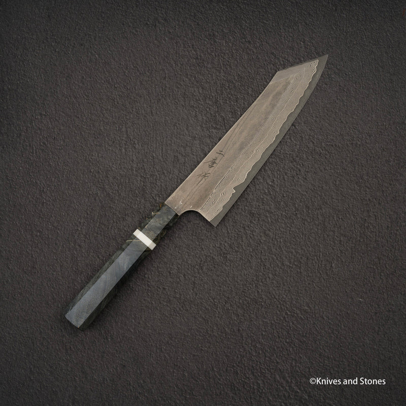 二唐刃物鍛造所 銀三鋼 黒染め ダマスカス 切付牛刀 210mm バーチハンドル