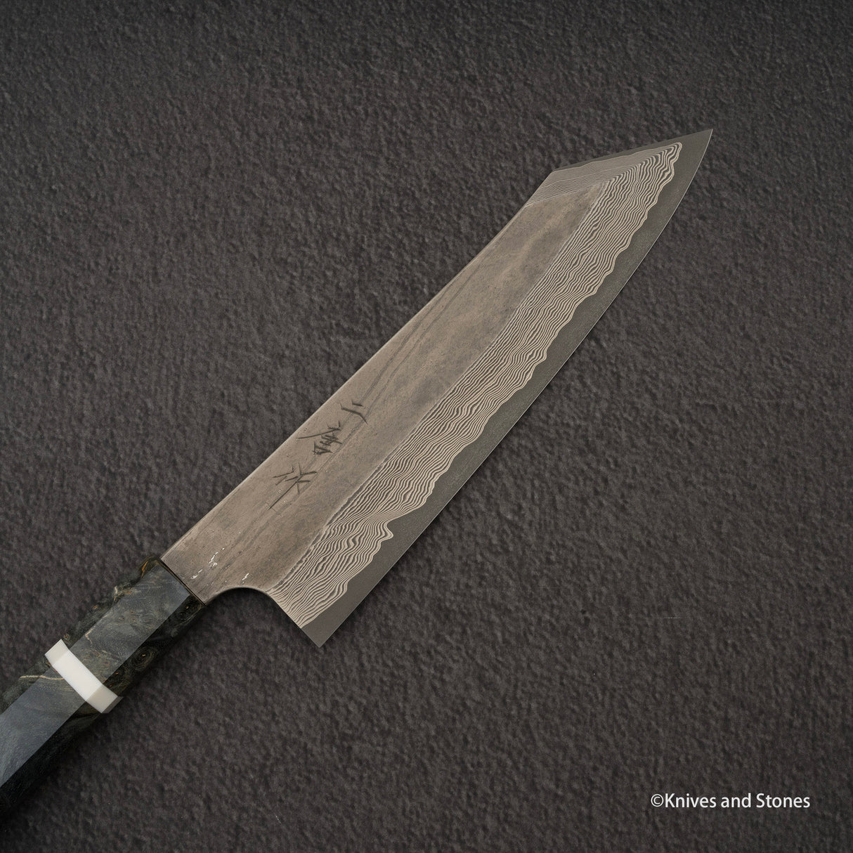 二唐刃物鍛造所 銀三鋼 黒染め ダマスカス 切付牛刀 210mm バーチハンドル