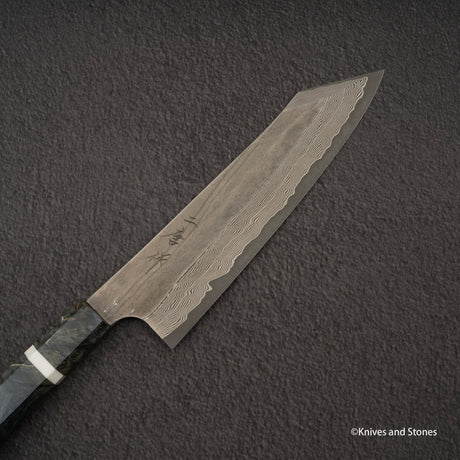 二唐刃物鍛造所 銀三鋼 黒染め ダマスカス 切付牛刀 210mm バーチハンドル