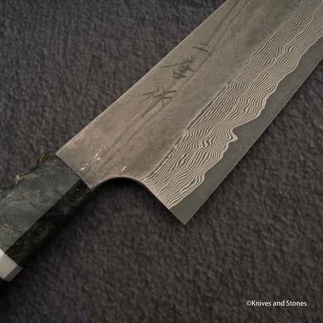 二唐刃物鍛造所 銀三鋼 黒染め ダマスカス 切付牛刀 210mm バーチハンドル