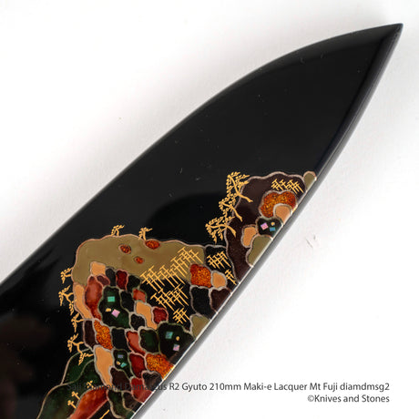 佐治打刃物 スーパーゴールド2 ダイヤモンドダマスカス 牛刀 210mm 富士山蒔絵漆鞘・ハンドルセット