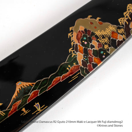 佐治打刃物 スーパーゴールド2 ダイヤモンドダマスカス 牛刀 210mm 富士山蒔絵漆鞘・ハンドルセット
